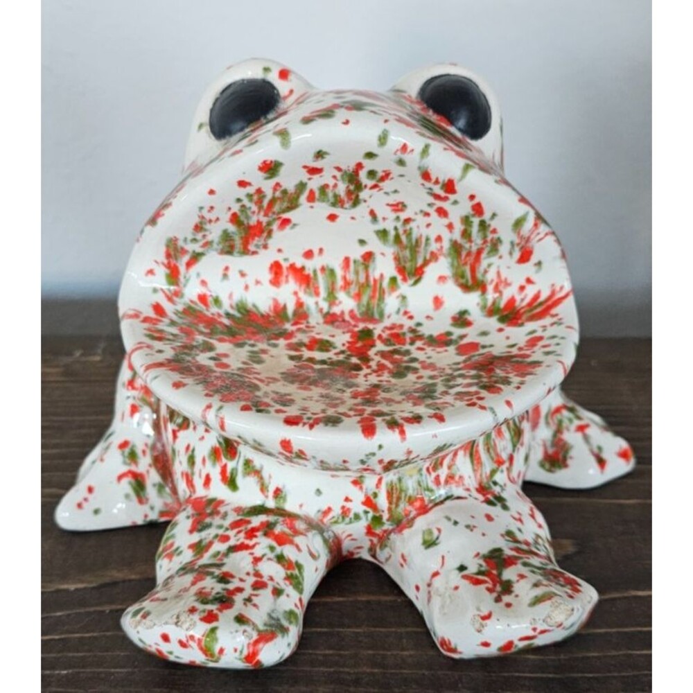 Vintage White Green Red Ceramic Frog Soap Dish signed J.Garcia